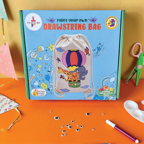 Kalakaram DIY Drawstring Bag Painting Kit, Animal Theme Painting Kit, Pre-Printed Canvas Drawstring Bag, DIY Activity Art and Craft Kit for Girls, Teens, & Kids Age 5, 6,7,8,9+ Kids, Multicolor