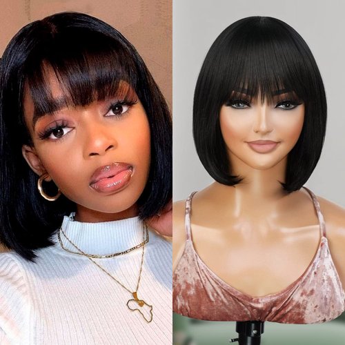 INSTANT FAB Short Bob Wigs Human Hair Wigs with China Bangs for Black Women Straight Bob with Bangs Human Hair Non Lace Front Wigs – Diamond (10 inch (1 Pack), NATURAL BLACK)