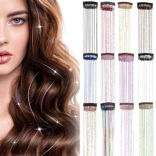 Hair Tinsel Clip in Tinsel Hair Extensions, 6Pcs 21.16In Fairy Glitter Hair Tinsel for Women Sparkle Heat Resistant Festival Hair Accessories for Halloween, Christmas, New Year, Party, Cosplay