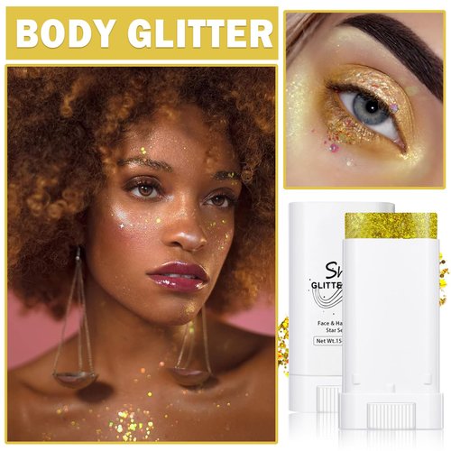 ZHISHUDL Gold Body Glitter Stick for Adults and Kids Holographic Shimmer Body Glitter Gel Chunky Sequins Face Glitter Makeup