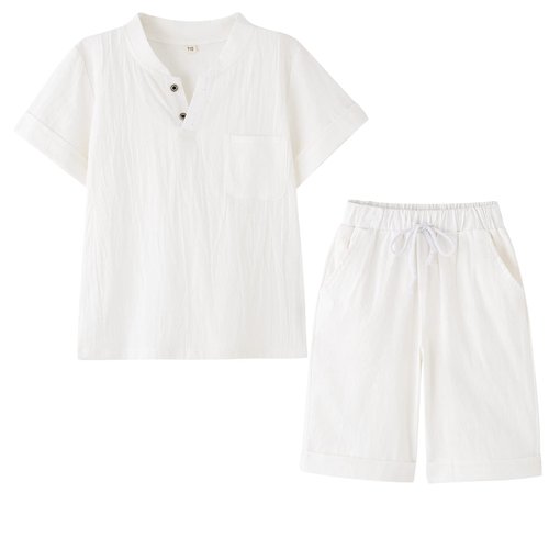 POBIDOBY Boy's T-shirt and Shorts Set Cotton Linen Summer Short Sleeve Children Two Pieces Clothing Pants Sets (White, 8)