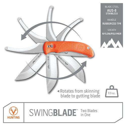 OUTDOOR EDGE SwingBlaze - Two Blades in One, Rotating Skinning and Gutting Fixed Blade Hunting Knife - Includes Nylon Sheath (Orange)