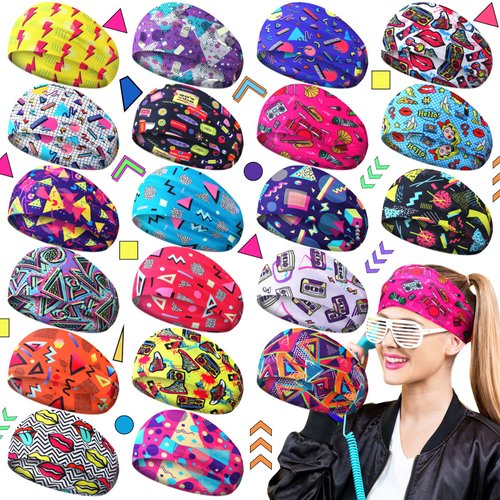 20 Pcs 80s 90s Neon Headbands for Women Retro Vintage Workout Headbands Fitness Accessories Non S...