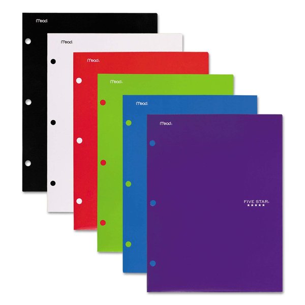 Five Star 4 Pocket Folders, 6 Pack, Paper Folders, Fits 3-Ring Binders, Holds 8-1/2" x 11" Paper, Writable Label, Black, Fire Red, Forest Green, Pacific Blue, White, Amethyst Purple (38058)