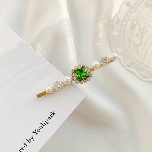 Andelaisi Vintage Emerald Crystal Hair Clips Green Emerald Hair Pins Barrettes Gold Crystal Pearl Hairpin Barrette Shiny Cz Pearl Hair Pins Hairclip Decorative Bobby Pins Crystal Wedding Headpieces