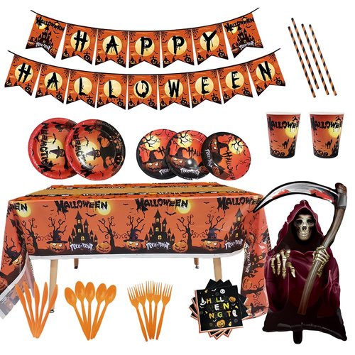 AIBIIN Halloween Party Supplies Disposable Halloween Paper Plates Cups Towels Plastic Knives Forks Spoons Straws Tablecloth Banner Balloon for Kids Adult Party Decorations Serve 16