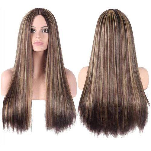 CanLux 26 inch Brown Wig with Blonde Highlight Long Straight Wig for Women and Men Middle Part Wig Synthetic Full Hair Wigs with Wig Cap