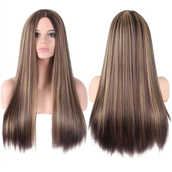 CanLux 26 inch Brown Wig with Blonde Highlight Long Straight Wig for Women and Men Middle Part Wig Synthetic Full Hair Wigs with Wig Cap