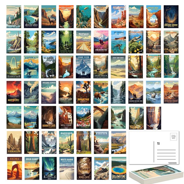 SHOXREM National Parks Theme Postcard Set: Retro Travel Posters Wall Decoration - 63 Abstract U.S. Parks Illustrations, 4" W x 6" H
