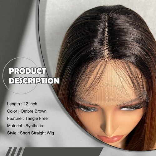 SOKU Ombre Brown Lace Front Wigs 12 Inch Synthetic Bob Wigs with Baby Hair Short Straight Lace Front Wigs Pre Plucked Heat Resistant Fiber Hair for Women