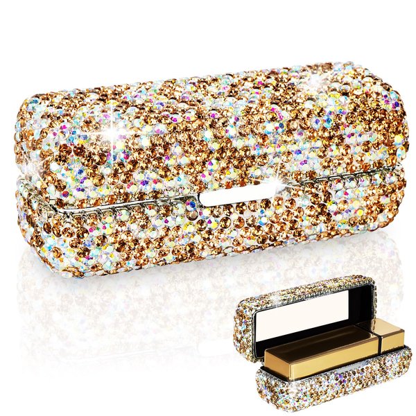 Adorila Lipstick Case with Mirror, Rhinestone Crystal Lipstick Organizer for Travel, Portable Bling Diamonds Lip Gloss Storage Holder (Gold)