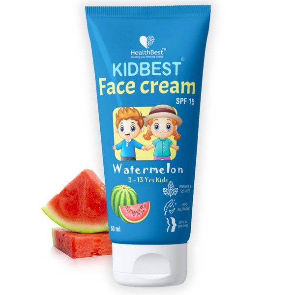 HealthBest Kidbest Face Cream for Kids, SPF 15, Safe for Sensitive Skin & Unscetened, Tear, Paraben, SLS free, Watermelon Flavor, 50ml