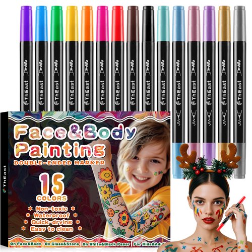 ThEast 15 Colors Face Paint, Face Body Painting Kit for Kids, Washable Tattoo Markers for Skin, Stocking Stuffers Christmas Gifts for Teen Girls Boys Adult