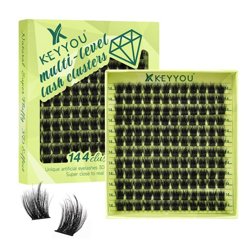 Lash Clusters 3D Effect Eyelash Clusters KEYYOU 144pcs D Curl 12mm Wispy Lashes Fluffy Cluster Lashes Natural Soft DIY Lash Extension(Empower-D-12)