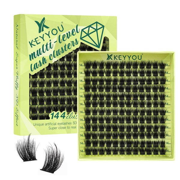 Lash Clusters 3D Effect Eyelash Clusters KEYYOU 144pcs D Curl 12mm Wispy Lashes Fluffy Cluster Lashes Natural Soft DIY Lash Extension(Empower-D-12)