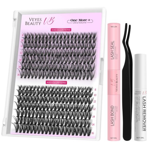 VEYESBEAUTY Lash Cluster Kit 30D 40D Volume Individual Lashes Thin & Invisible Band Wispy Lashes One More+ DIY Eyelash Extensions Kit 8-16mm with Bond&Seal Remover Applicator for Self Application