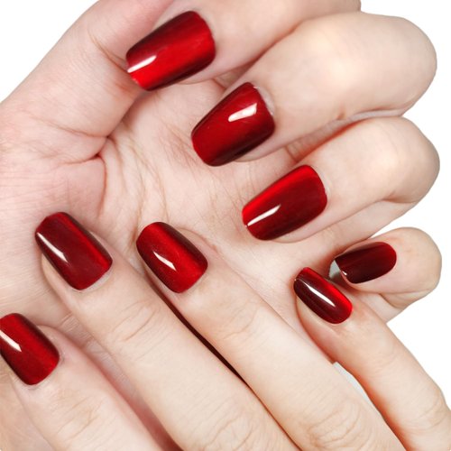 Cat Eye Nails Short Squoval, Shimmery Ruby Red, Small Size Press on False Nails, 24 Reusable Fake Nails With Stick on Adhesive Tabs