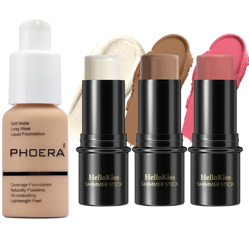 PHOERA Foundation,3 PCS Contour Stick Makeup Kit,Shades with Highlighter Stick,Blush Stick and Bronzer Contour,PHOERA Makeup Matte Natural Finish (104+Light-Medium Contour/Buff Beige+#02,#10,#12)
