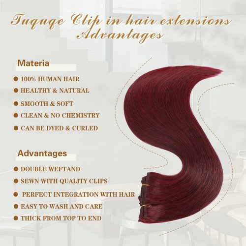 Clip in Hair Extensions Real Human Hair 20 Inch Wine Red 99J Seamless Clip in Hair Extensions Burgundy Human Hair 120g Full Head Silky Straight Long 7Pcs Human Hair Clip in Extensions for Black Women