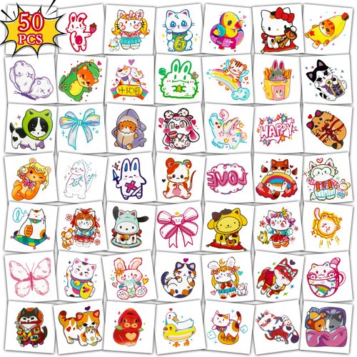 Konsait 50 Sheets Anime Tattoos, Cartoon Mixed Style Cat Tattoos, Individually Wrapped, Watercolor Cat Temporary Tattoos Cat Party Favors Cat Birthday Party Supplies