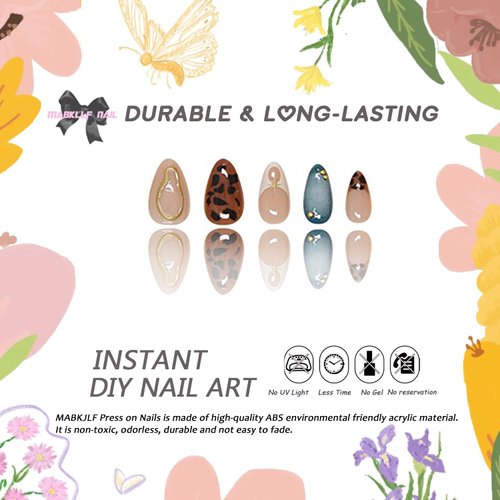 Press on Nails Medium Almond MABKJLF French Tip Fake Nails False Nails with Designs Leopard Print Nails Cheetah Print Nails Embossed Swirl Glossy Glue on Nails Acrylic Nails for Women Girls 24 Pcs