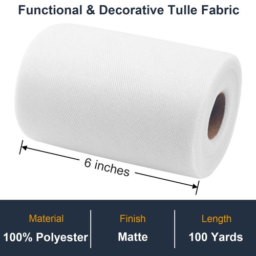 White Tulle Fabric Rolls 6 Inch by 100 Yards (300 ft) Tulle Ribbon Netting Spool for Tutu Skirt Wedding Baby Shower Birthday Party Decorations Halloween DIY Crafts Gift Wrapping, 28 Colors (White)