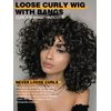 WIGNEE Short Curly Wig with Bangs for Black Woman Fluffy Loose Curly Afro Wig Natural Luster Short Wigs for African American Women Daily Party Use(Black)