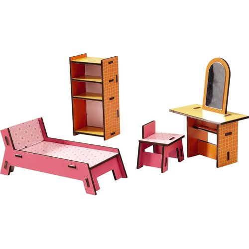 HABA Little Friends Beauty Corner - 4 Pc Dollhouse Furniture Set with Bed & Vanity