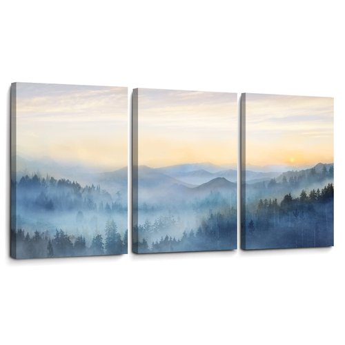 Wall Decor for Bedroom 3 Panel Sunrise Misty Forest Print Picture Paintings Wall Art for Living Room Bathroom Framed Canvas Artwork Modern Room Wall Decorations Size 12x16 x 3 Piece Ready to Hang