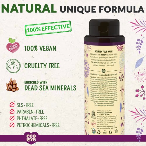 ecoLove - Natural Shampoo, Sodium lauryl sulfate Free, Vegan & Cruelty Free Shampoo for Color Treated Hair, Very Dry & Damaged Hair, Organic Lavender shampoo, No SLS or Parabens, 17.6 oz