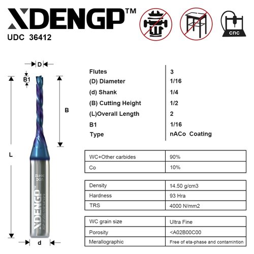 XDENGP 3 Flute Up&Down Cut Compression Spiral Router Bit for CNC, 1/16" Cutting Diameter, 1/2" Cutting Length 1/4" Shank with NACO Coated Carbide End Mill for Wood Carving Engraving Grinding Grooving