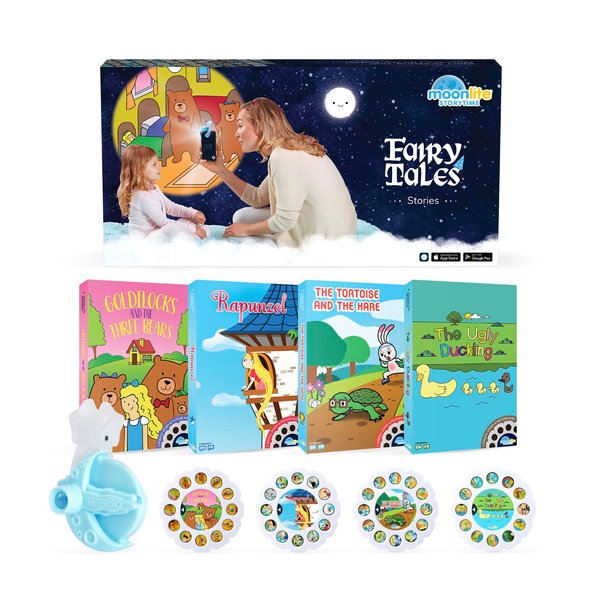 Moonlite Storytime Mini Projector with 4 Fairy Tale Stories, A Magical Way to Read Together, Digital Storybooks, Fun Sound Effects, Learning Gifts for Kids Ages 1 and Up