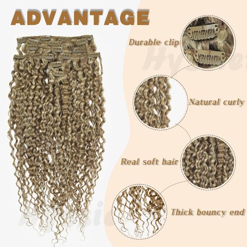 Hyssiet 16 Inch Curly Human Hair Clip in Extensions 7pcs with 16 Clips Healthy Wavy Clip Hair Extensions Real Human Hair 120g Light Brown Highlighted Bleach Blonde Soft Thick Curly Hair Extensions