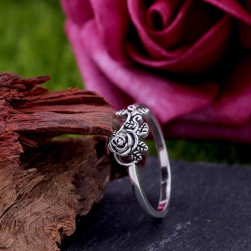 JESMING Tiny Rose Flower Silver Ring, Stacking Rings for Women Small Dainty 925 Silver Plated Ring Delicate Everyday Ring for Women Minimalist Personalized Jewelry (Size:6)