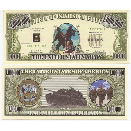 25 US Army Commemorative Million Dollar Bills with Bonus “Thanks a Million” Gift Card Set