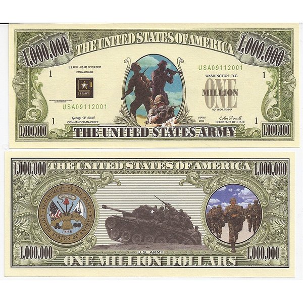 25 US Army Commemorative Million Dollar Bills with Bonus “Thanks a Million” Gift Card Set