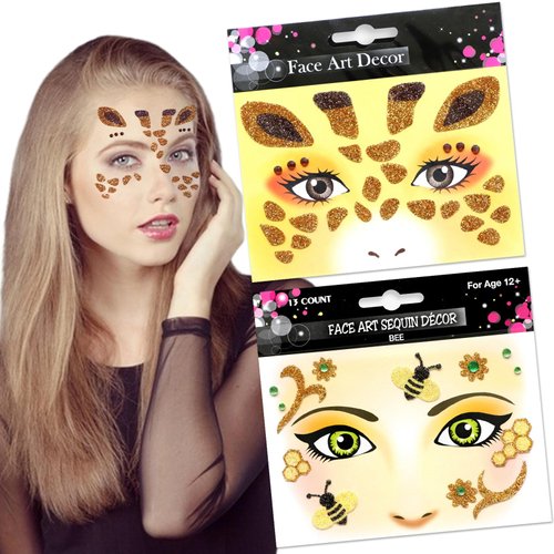 Bee Giraffe Face Gem Sticker Cute Halloween Temporary Tattoos Stickers Animal Face Tattoos Stickers Glittery Eye Face Body Sticker for Makeup Halloween Face Paint Accessories 2 Sheets (C-Bee Giraffe)