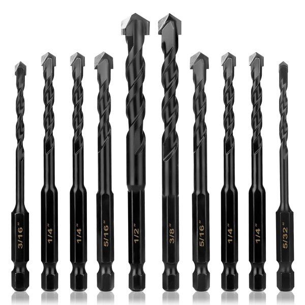 UBESTHS 10Pcs Masonry Drill Bits Kit for Concrete, Stone, Carbide Drill Bit Set for Glass, Brick, Tile, Plastic, Ceramic and Wood Size 5/32 to 1/2 inch