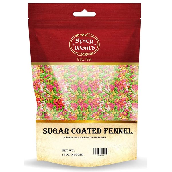 Spicy World Sugar Coated Fennel Seeds | Sweet Saunf Candy for Mouth Freshening - 14 Oz (400g) Pack | Premium Quality Fennel Mouth Freshener | Indian After Meal Digestive Treat