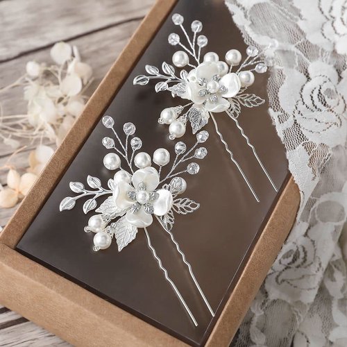 Heread Flower Bride Wedding Hair Pins Silver Pearl Bridal Hair Pieces Leaf Hair Accessories for Women and Girls (Pack of 2)