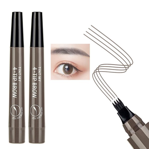 2PCS Liquid Eyebrow Pencil with 4 Micro-Fork Tips - Waterproof Microblading Eyebrow Pen, Long Lasting, Easily Create Natural Eyebrow Makeup (Gray brown)