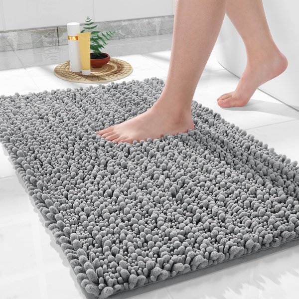 Yimobra Bathroom Rug Mat, 24'' x 17'', Luxury Chenille Shaggy Bath Rugs, Extra Soft & Thick, Absorbent Water, Non-Slip, Machine Washable, Bath Mats for Bath Floor,Tub and Shower, Gray