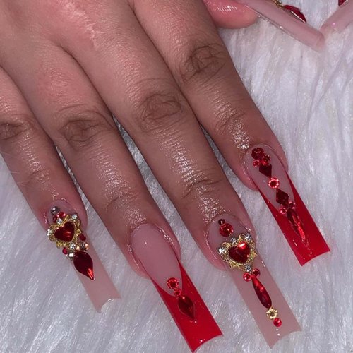 Gifiky Long Square Press on Nails French Fake Nails Red Nails Tips Full Cover Crystal Gem Design ...