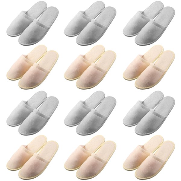 12 Pair House Slipper for Guest Non Slip Disposable Slipper for Travel Washable Reusable Hotel Slipper Bridesmaid Slipper for Spa Indoor Wedding Party (Light Gray, Khaki)