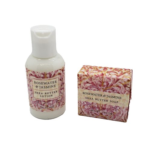Greenwich Bay Trading Company Botanical Collection Bundle: Rosewater & Jasmine - 2oz Mini Wrapped Soap Block + 2oz Mini Shea Butter Lotion, 1 Count (Pack of 2)