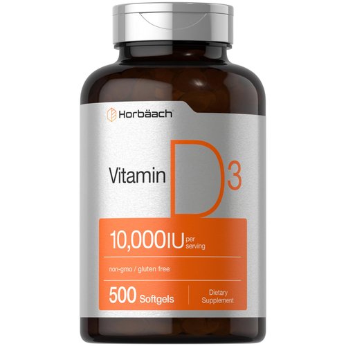 Horbäach Vitamin D3 10000 IU | 500 Softgels | Non-GMO, Gluten Free Supplement | Value Size | 250mcg | High Potency Formula