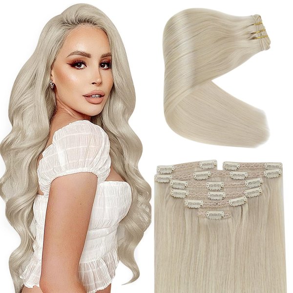 Sunny Platinum Blonde Hair Extensions Clip in Human Hair Blonde Clip on Hair Extensions Real Human Hair Invisible Clip ins Extensions Blonde 16inch 120g 7pcs