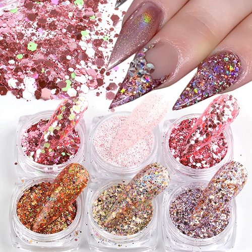Holographic Nail Art Glitters 3D Color Nail Foil Flakes Ultra-Thin Irregular Nail Glitter for Acrylic Nails Shinning Nail Powers Manicure Tips Accessory Nail Sequins for Women DIY Decorations 6 Boxes
