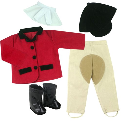 Sophia's 18" Doll 5 pc. Equestrian Outfit with Red Riding Jacket, White Dickie Blouse, Tan Jodhpurs Pants, Black Cap and Boots