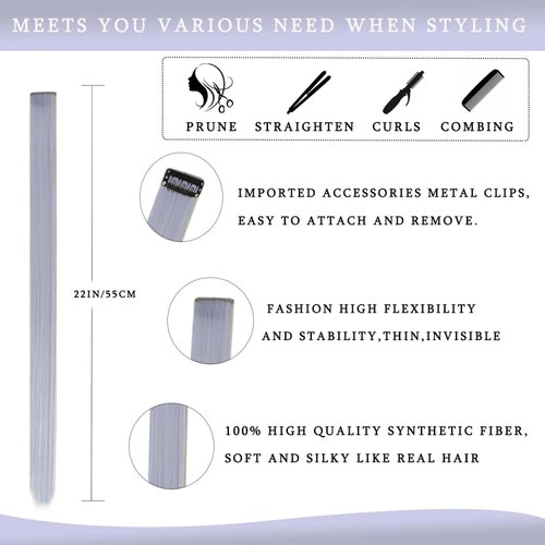 12 Pcs Colored Clip in Hair Extensions 22 inch Rainbow Long Straight Hairpieces Synthetic Colorful Hair Piece Multi-colors Hair Extensions Party Highlights Extension for Kids Girls （Grey）